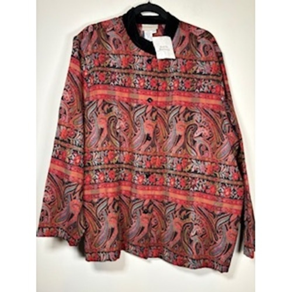 COLDWATER CREEK Tapestry Jacket Size 3X Red Paisley Velvet Collar Bohemian Artsy